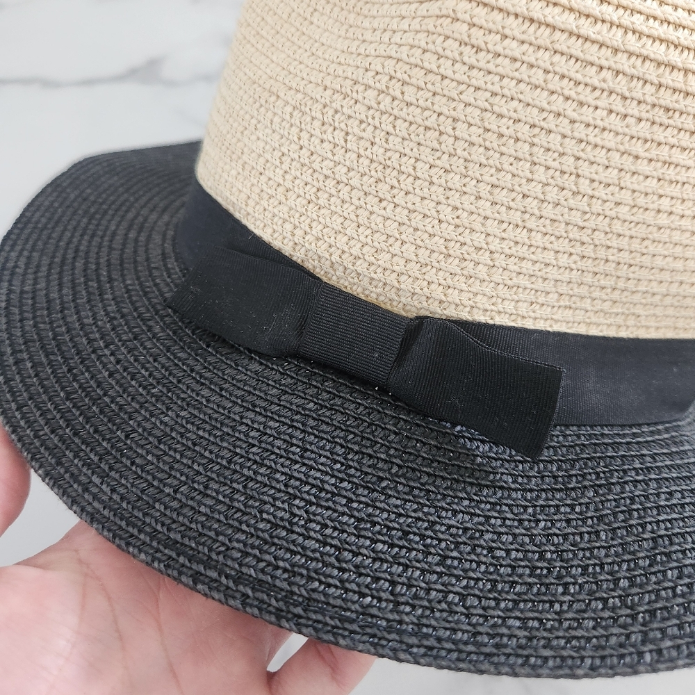 Two-Tone Black & Beige Synthetic Raffia With Ribbon Womens Hat - Picture 5 of 17